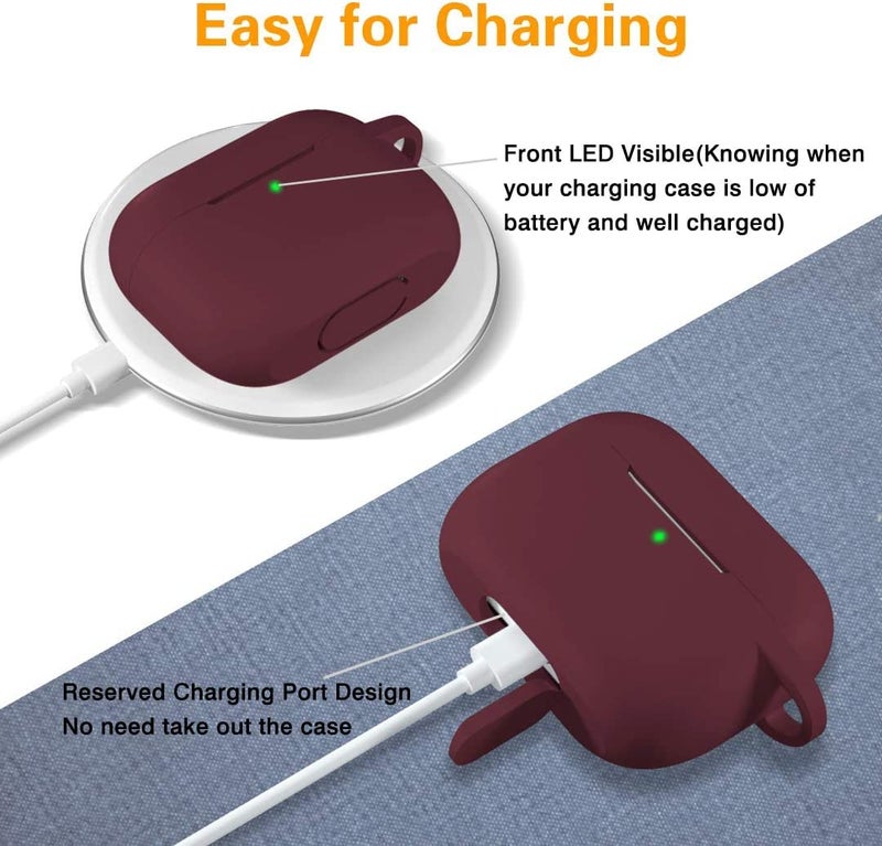 Lerobo Compatible with AirPods Pro Case Cover,Full Protective Shockproof Washable Silicone Case for Airpods Pro 2 Supports Wireless Charging with Carabiner Front LED Visible,Burgundy - Image 3